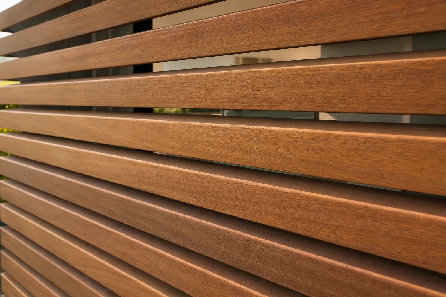 Gros plan sur des lames de brise-soleil en bois exotique, veinage naturel doré