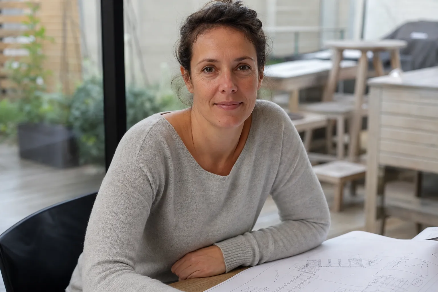 Portrait de Camille, chargée de projet, avec un plan de terrasse annoté