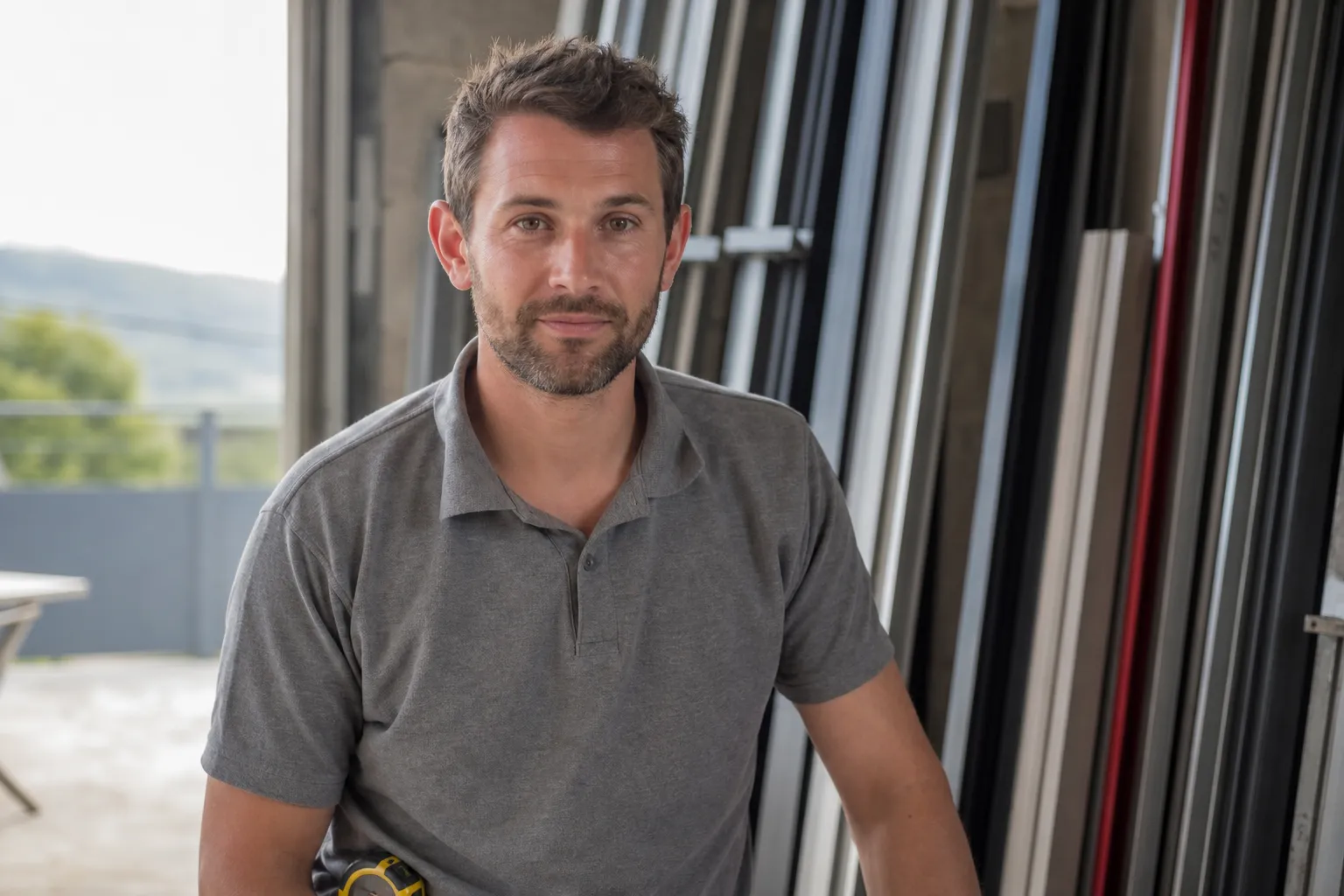 Portrait de Yoann, poseur, dans un atelier avec des profils aluminium de pergola