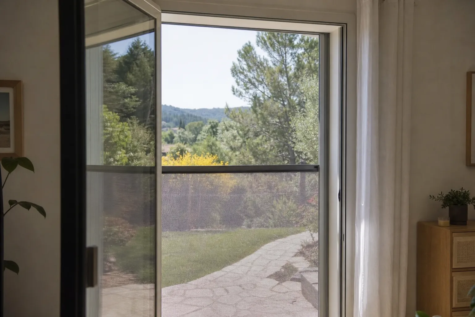 Moustiquaire enroulable sur mesure posée sur une porte-fenêtre donnant sur un jardin