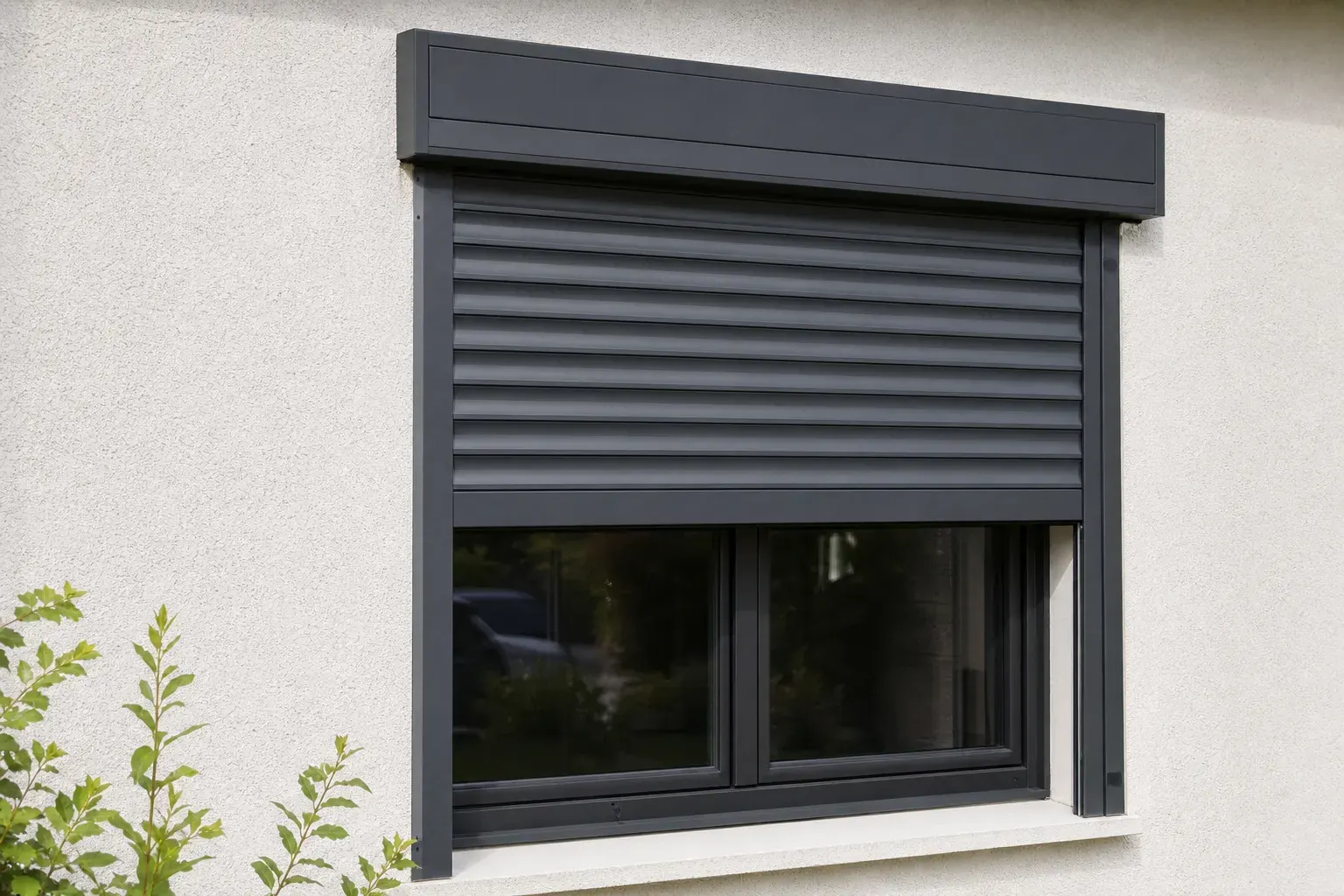 Volet roulant électrique aluminium gris anthracite, coffre extérieur et lames à mi-hauteur